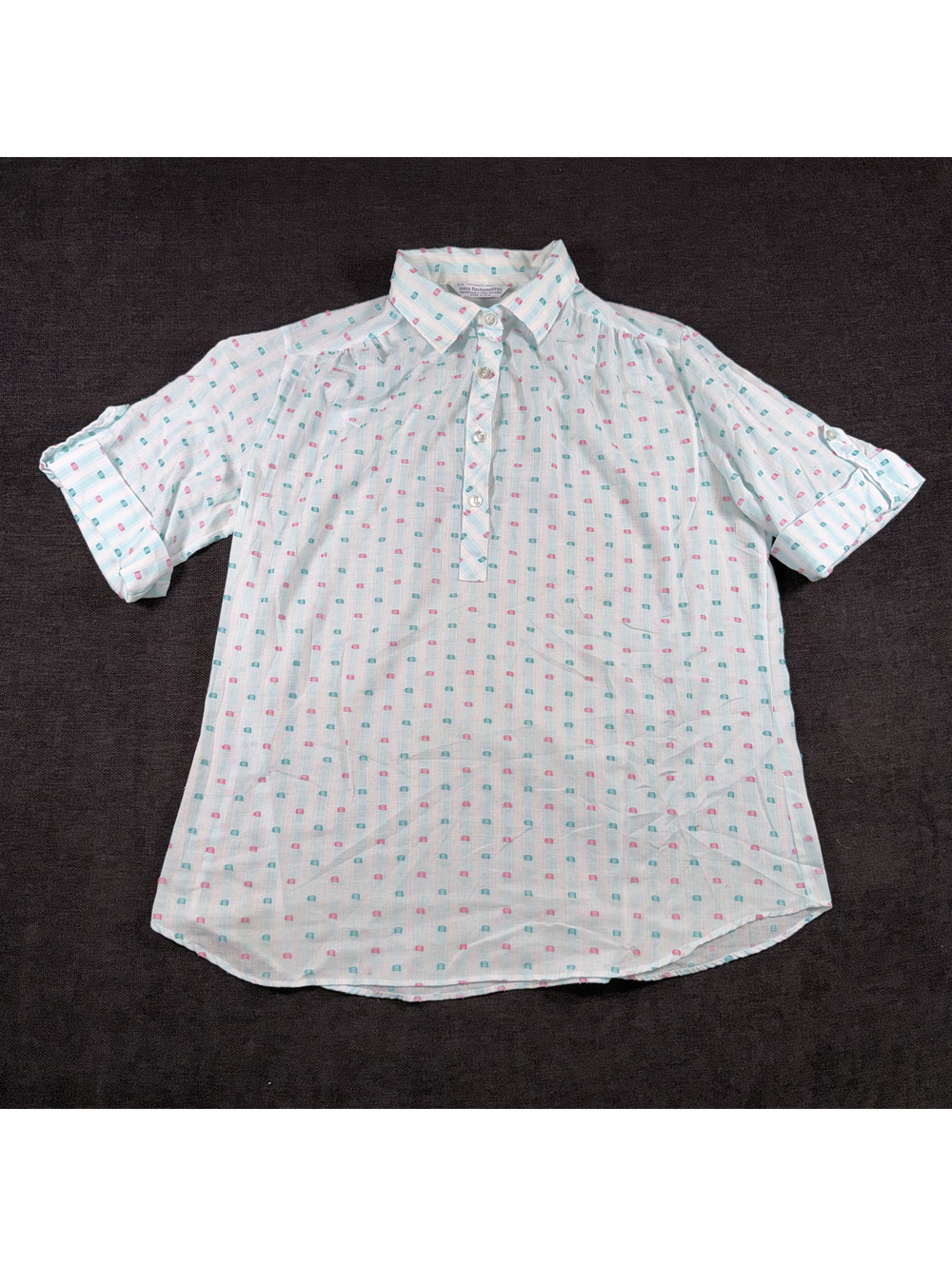 Miss Fashionality White Button-Up Shirt with Pink and Green Pattern Size 15-16